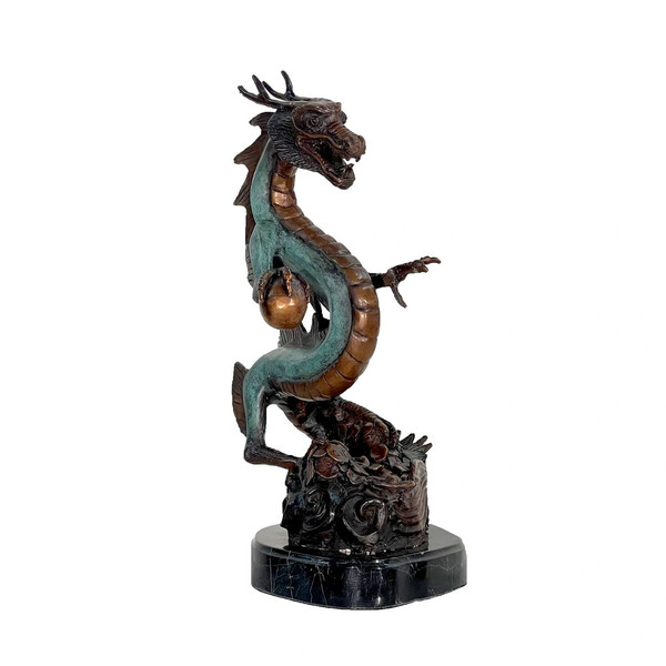 Standing Asian Dragon Bronze Statue on Marble Base with orb in claw